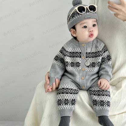 Baby Button Front Striped Romper With Hat - image 1