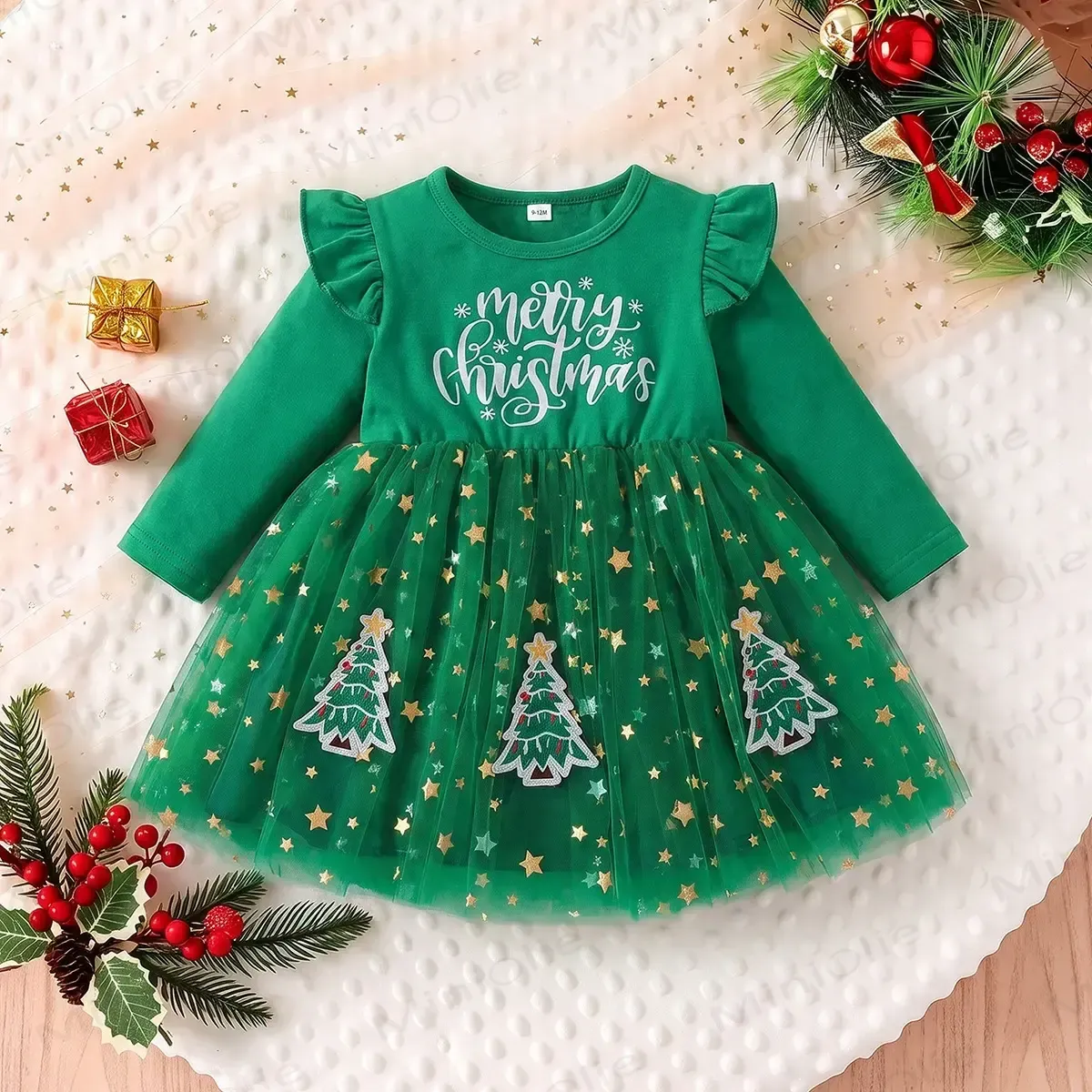 MERRY CHRISTMAS Baby Toddler Star Print Tulle Dress - Green - 4-5Y - image 2