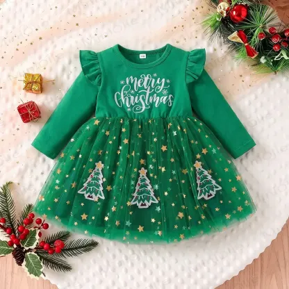 MERRY CHRISTMAS Baby Toddler Star Print Tulle Dress - Green - 4-5Y - image 2