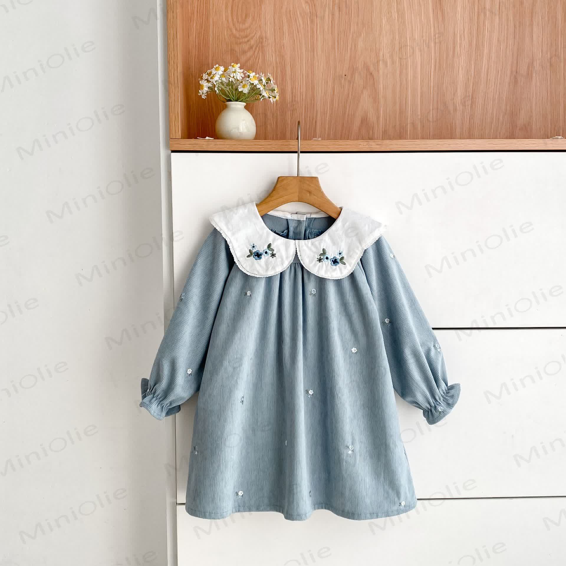Toddler Girl Flower Corduroy Dress - Blue - 8-9T - image 1
