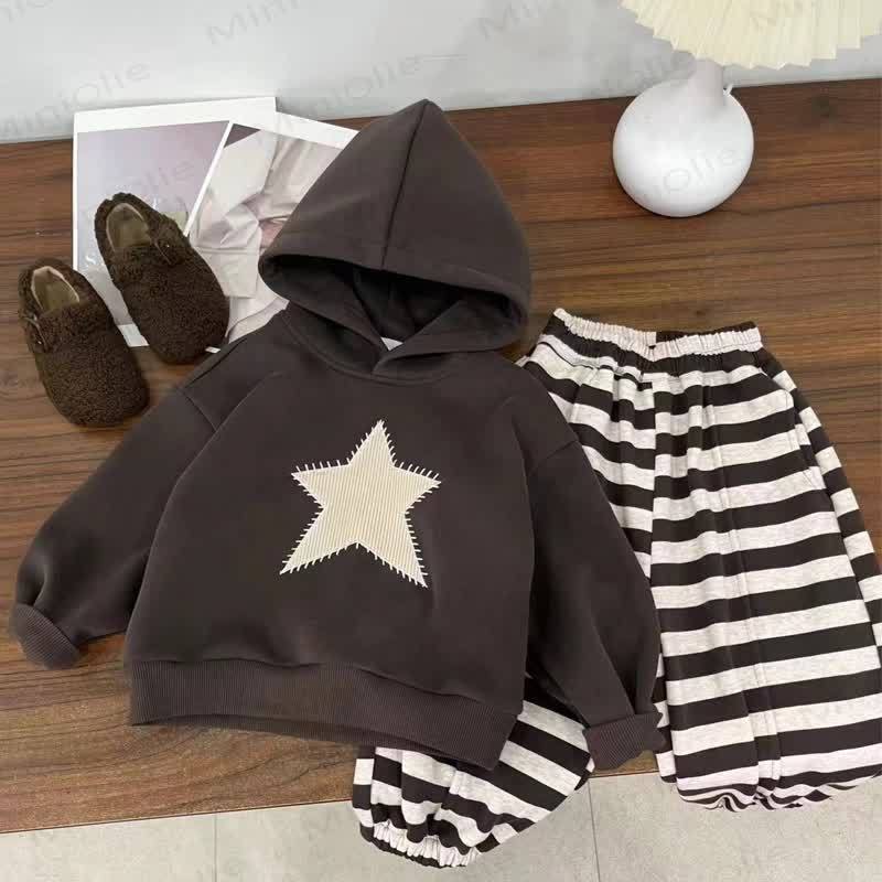 Toddler Star Fleece Hoodie and Stripe Pants 2-piece Set - Brown - 4-5T - image 1