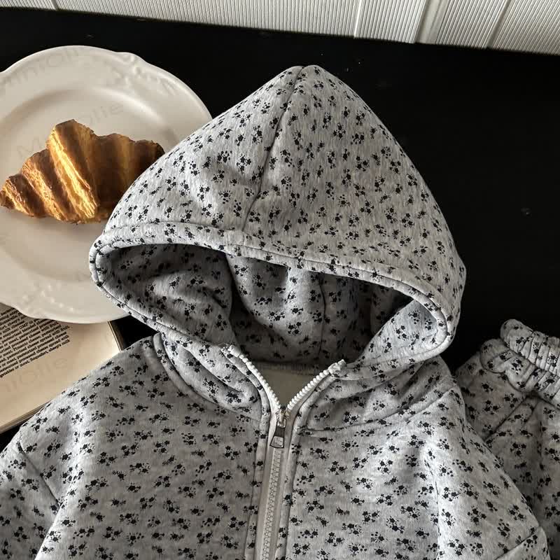 Toddler Grey Floral Fleece Lined Hoodie and Jogger 2-piece Set - image 2
