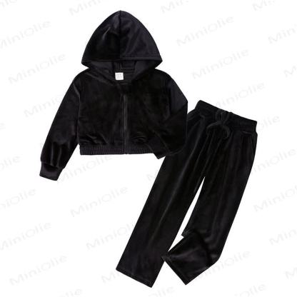 Toddler Soft Velour Zip Hoodie and Pants 2-piece Set - Black - 11-12T - image 4
