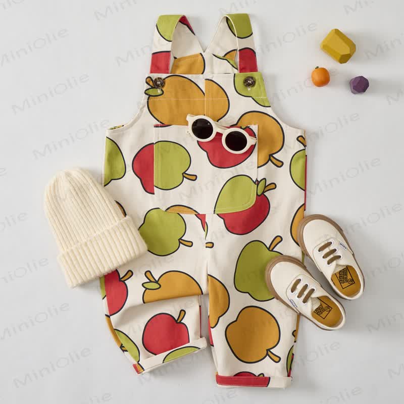 Baby Toddler Beige Apples Print Overalls - image 2
