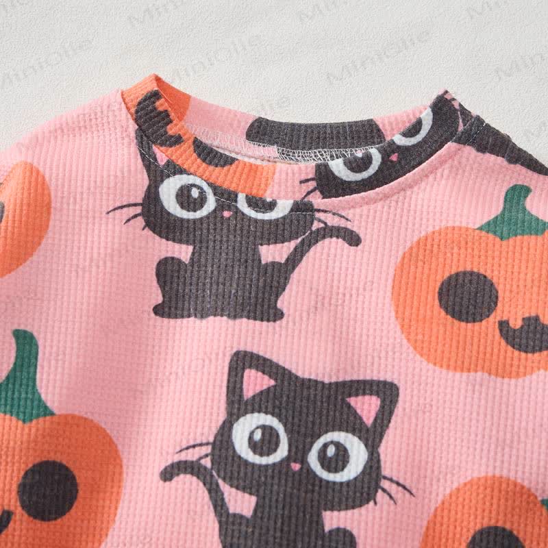 Baby Pink Pumpkin Cat Print Waffle 2-piece Set - image 2