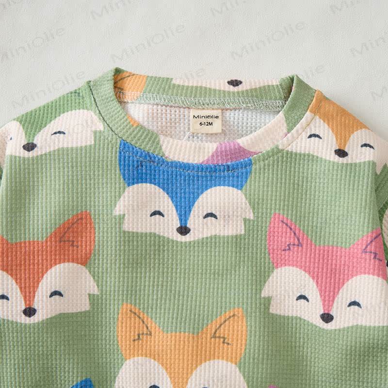 Baby Green Multicolor Cartoon Fox Print Waffle 2-piece Set - image 2