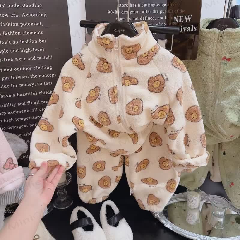 Toddler Cartoon Print Zip Up Winter 2-piece Set - Beige - 10-11T - image 2