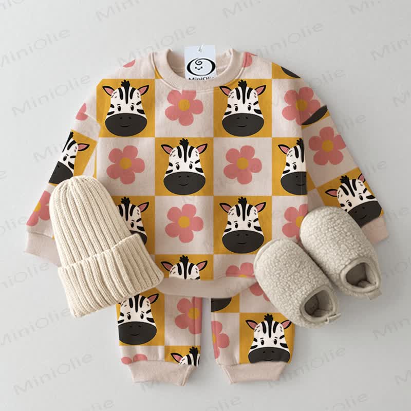 Baby Toddler Zebra Floral Checkerboard Print Apricot 2-piece Set - Apricot - 3-5T - image 1