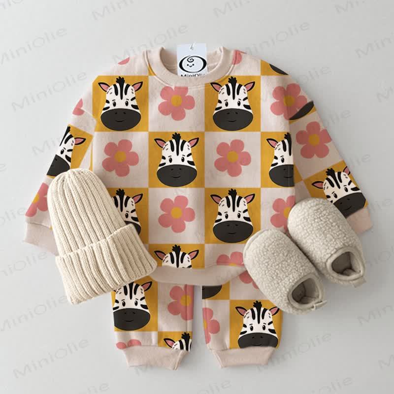 Baby Toddler Zebra Floral Checkerboard Print Apricot 2-piece Set - Apricot - 3-5T - image 1