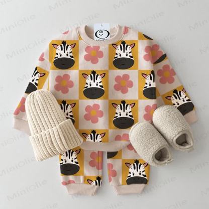 Baby Toddler Zebra Floral Checkerboard Print Apricot 2-piece Set - Apricot - 3-5T - image 1