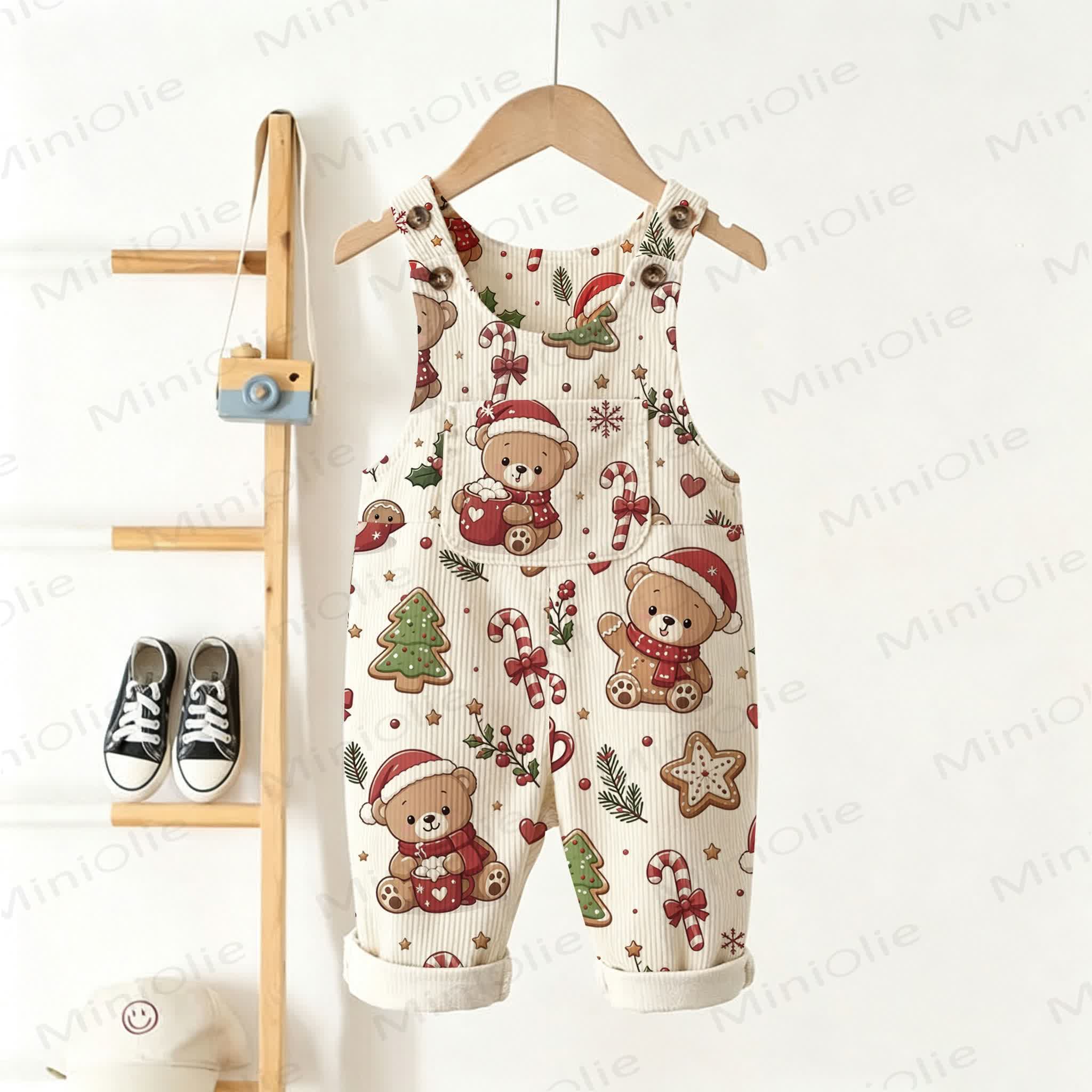 Baby Toddler Christmas Bear Print Corduroy Overalls - Beige - 3-5T - image 1