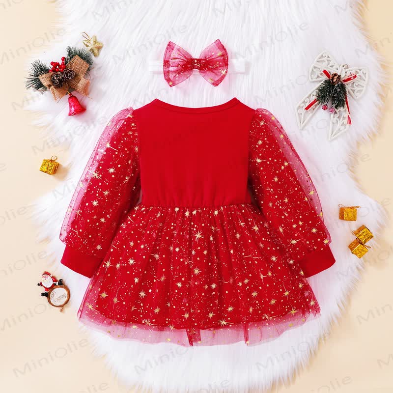 SANTA BABY Toddler Girl Red Star Tulle Dress with Headband - image 2