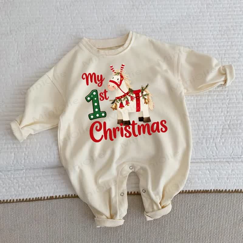 MY 1ST CHRISTMAS Baby Toddler Pony Print Beige Romper - Beige - 2-3T - image 1