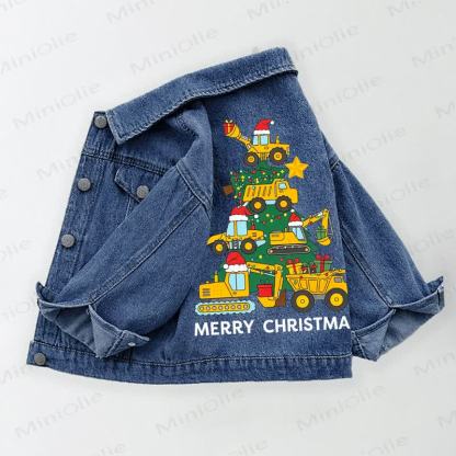 MERRY CHRISTMAS Toddler Kid Construction Vehicles Print Denim Jacket - Blue - 10-11T - image 1