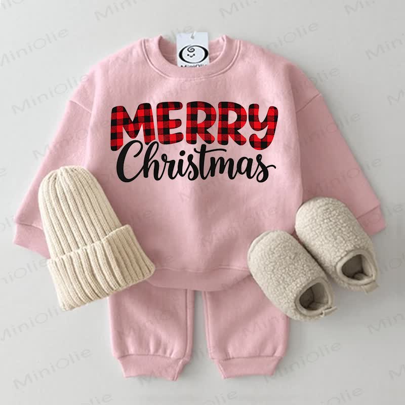 MERRY CHRISTMAS Baby Plaid Print Sweatshirt 2-piece Set - Pink - 2-3T - image 2