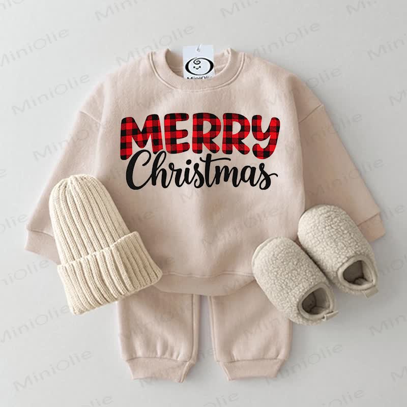 MERRY CHRISTMAS Baby Plaid Print Sweatshirt 2-piece Set - Beige - 2-3T - image 1