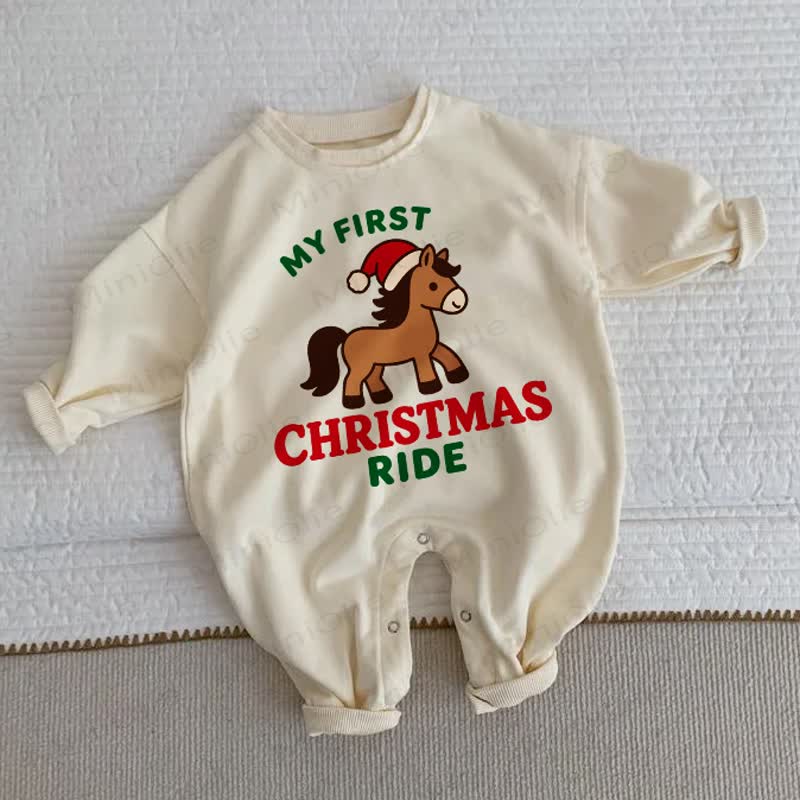MY FIRST CHRISTMAS RIDE	 Baby Toddler Christmas Horse Beige Romper - Beige - 2-3T - image 1