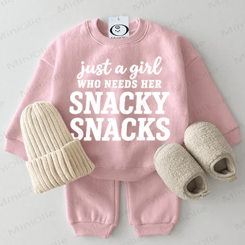 JUST A GIRL WHO NEEDS HER SNACKY SNACKS Baby Pink Sweatshirt 2-piece Set - Pink - 2-3T - image 1