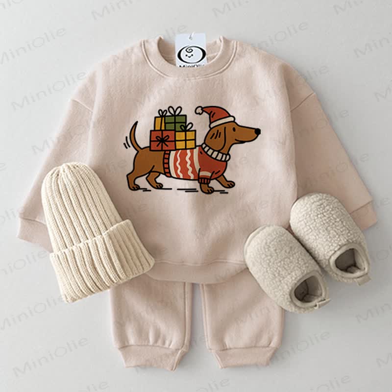 Baby Christmas Dachshund Print Beige Sweatshirt 2-piece Set - Beige - 2-3T - image 1