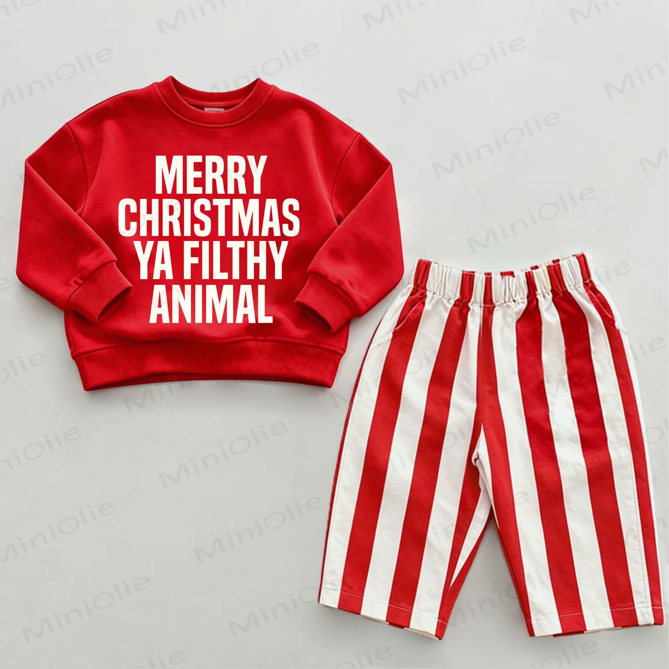 MERRY CHRISTMAS YA FILTHY ANIMAL Baby Red Vertical Striped 2-piece Set - White&Red - 2-3T - image 1