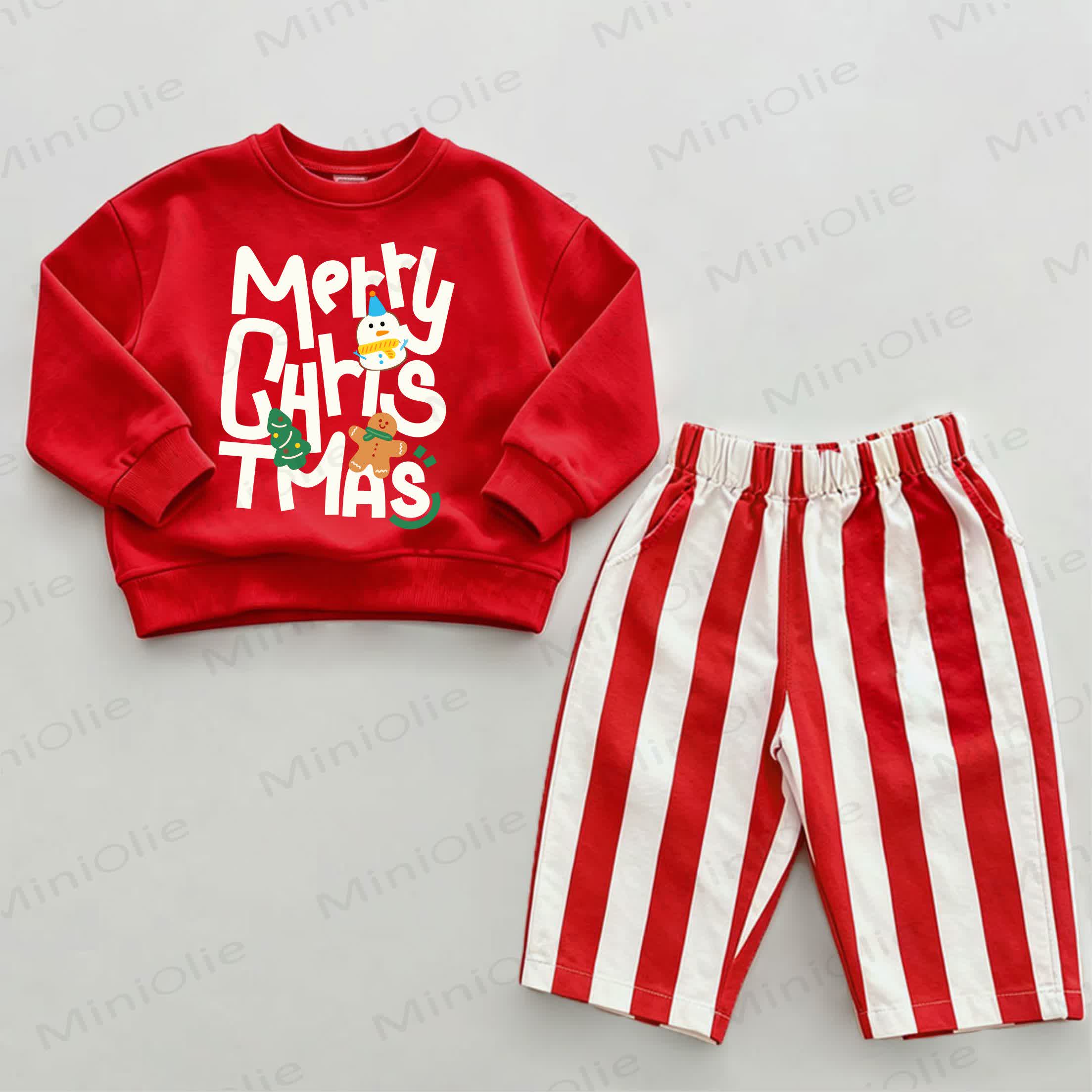 MERRY CHRISTMAS Baby Christmas Cartoon Red Vertical Striped 2-piece Set - White&Red - 2-3T - image 1