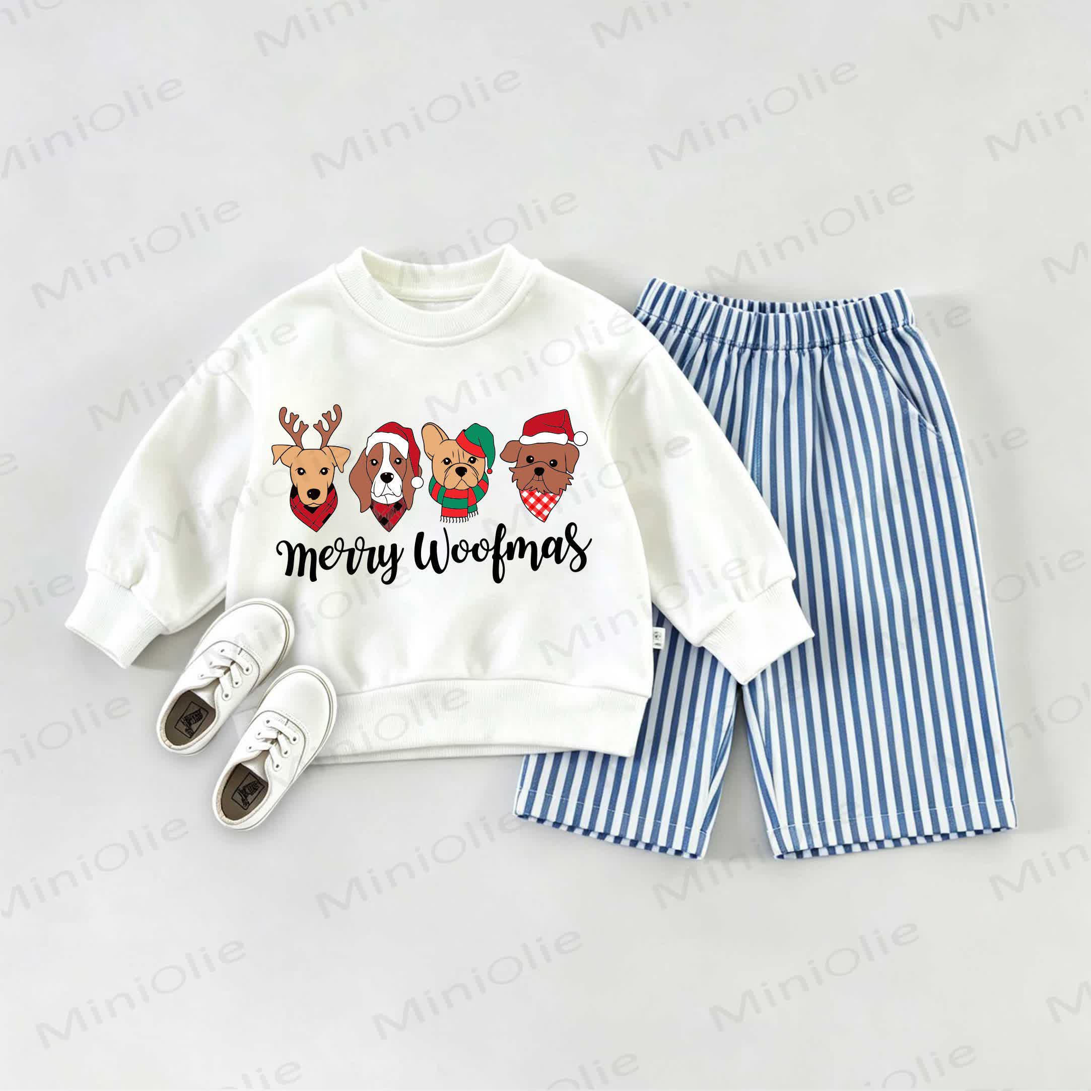 MERRY WOOFMAS Baby Dogs Sweatshirt and Striped Pants Set - White&Blue - 2-3T - image 1