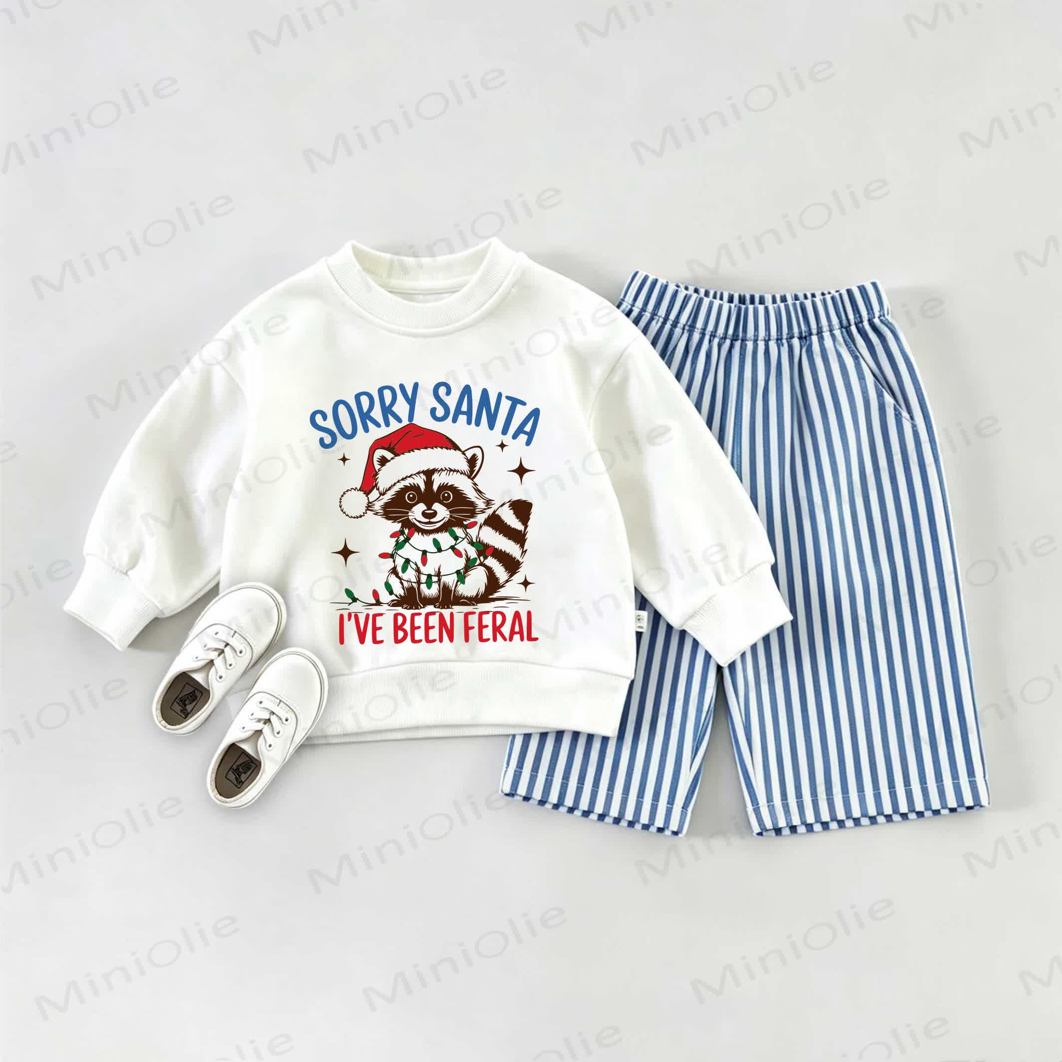 SORRY SANTA I'VE BEEN FERAL Baby Christmas Racoon Baby Sweatshirt and Striped Pants Set - White&Blue - 2-3T - image 1