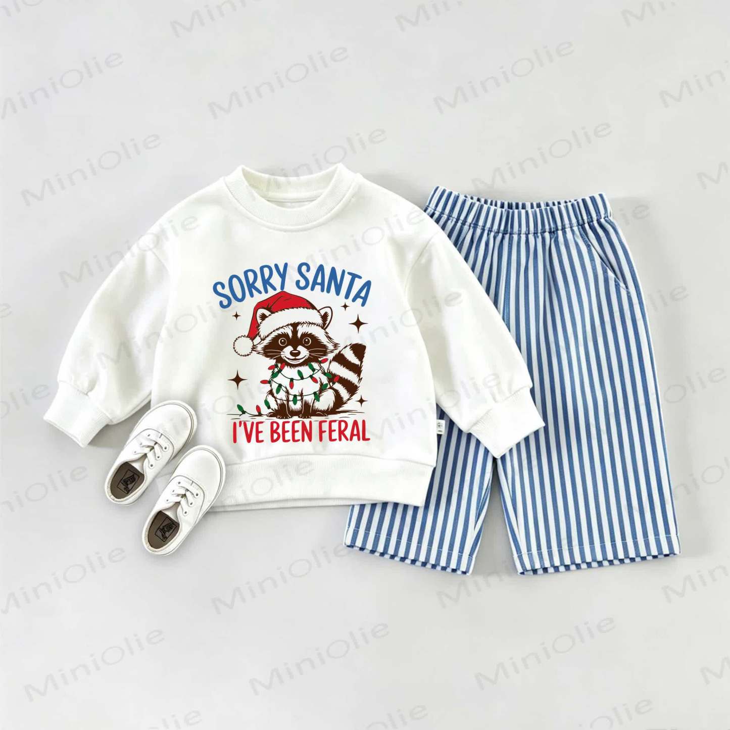 SORRY SANTA I'VE BEEN FERAL Baby Christmas Racoon Baby Sweatshirt and Striped Pants Set - White&Blue - 2-3T - image 1