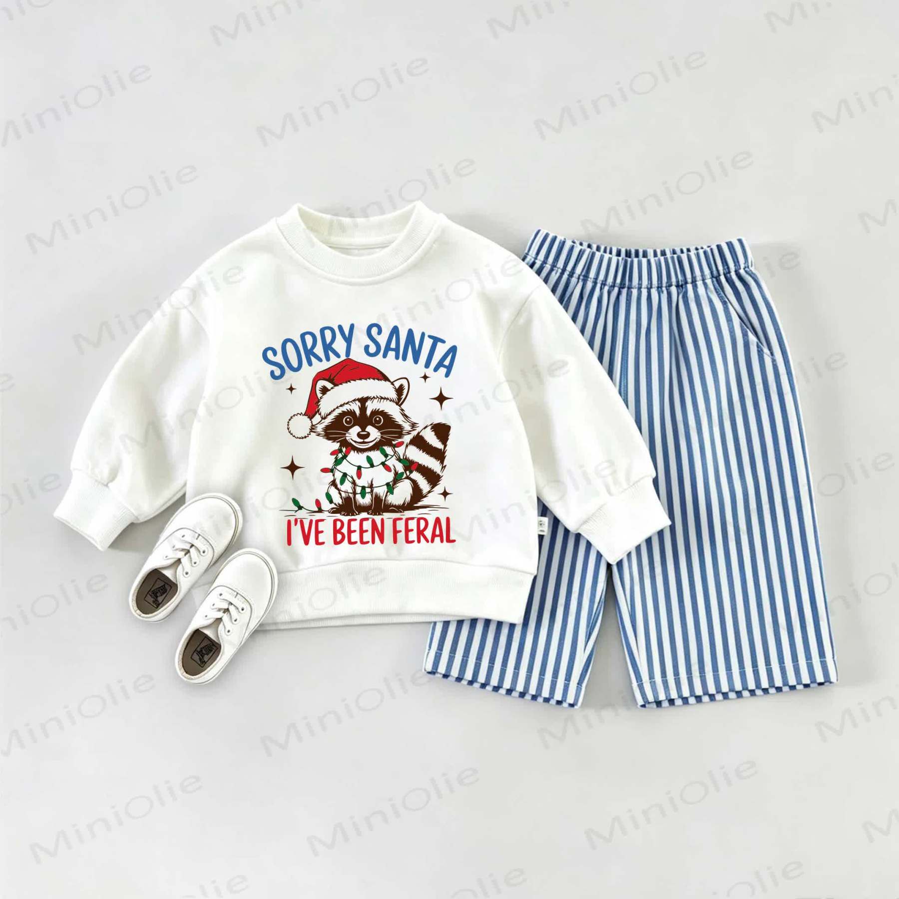 SORRY SANTA I'VE BEEN FERAL Baby Christmas Racoon Baby Sweatshirt and Striped Pants Set - White&Blue - 2-3T - image 1