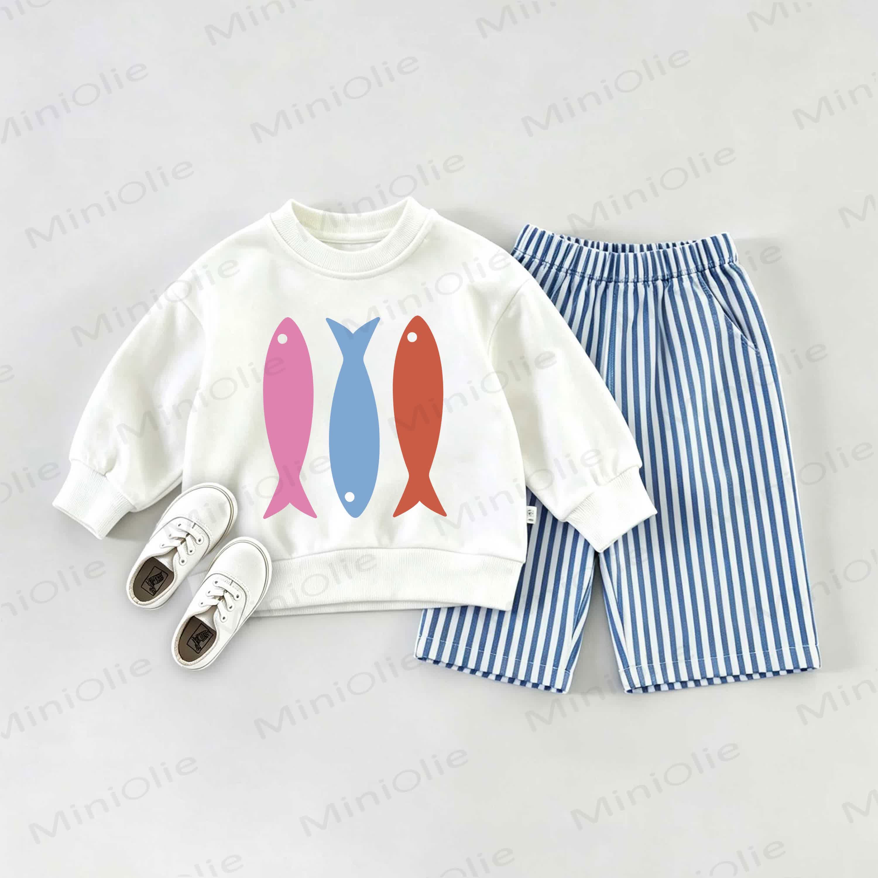  Baby Colourful Fish Sweatshirt and Striped Pants Set - White&Blue - 2-3T - image 1