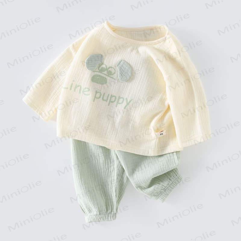 Baby Cartton Applique Gauze Long Sleeve 2-piece Set - Blue Puppy - 2-3T - image 1