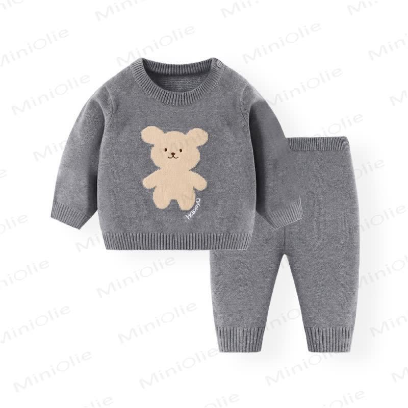 Baby Teddy Bear Knit Sweater and Pants 2-piece Set - Gray - 12-24M - image 2