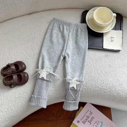 Toddler Girl Fleece Star Bow Leggings - Light Gray - 6-7T - image 4