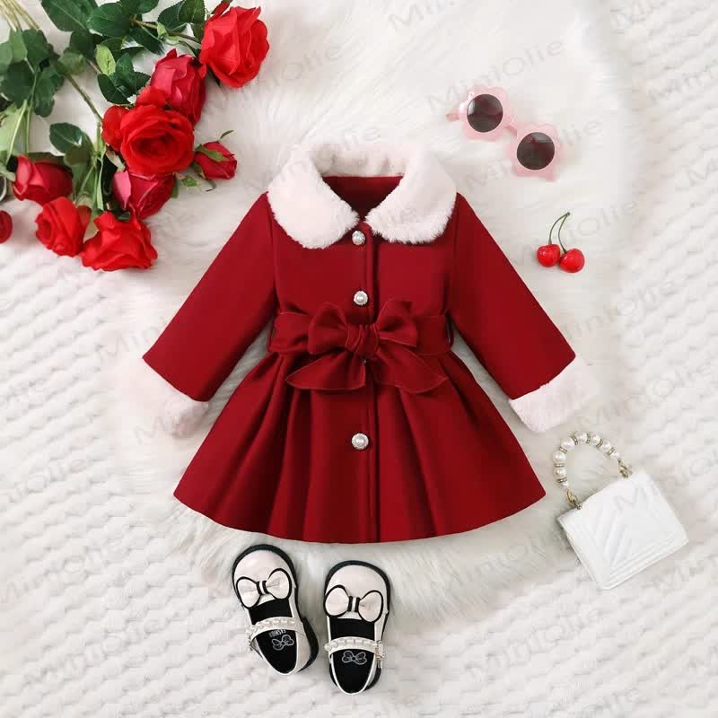 Baby Girl Fleece Collar Dress Coat - Red - 120cm - image 2