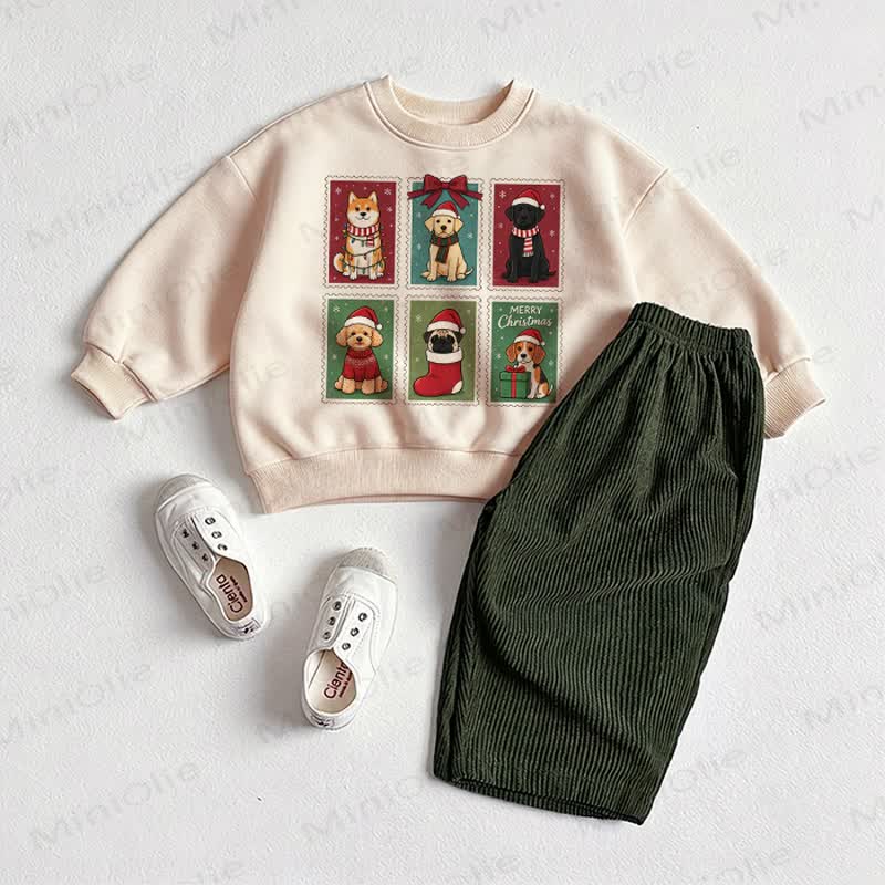 Baby Christmas Puppy Stamp Print Sweartshirt and Pants 2-piece Set - Beige&Green - 2-3T - image 1