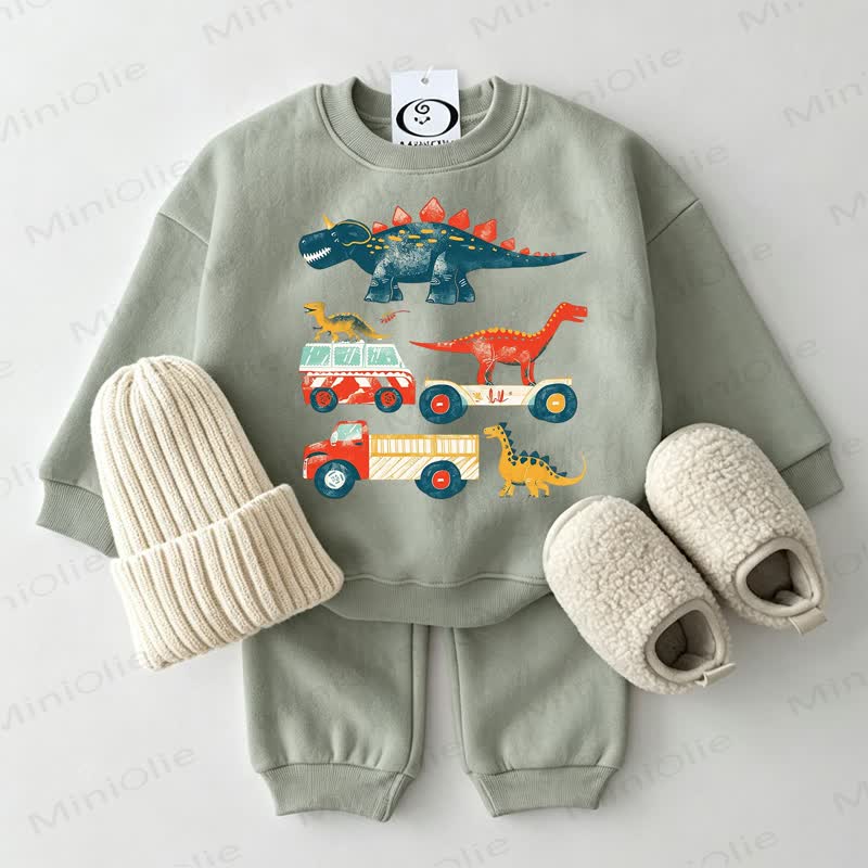 Baby Car and Dino Print Grey Green Sweatshirt 2-piece Set - Grey Green - 2-3T - image 1