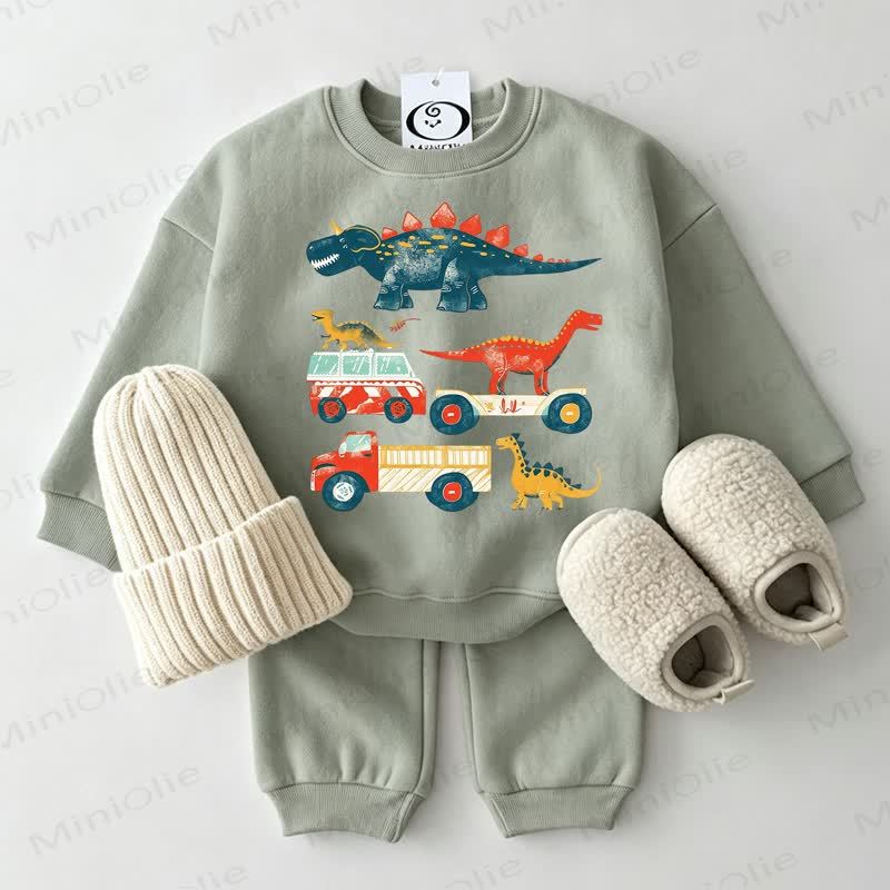 Baby Car and Dino Print Grey Green Sweatshirt 2-piece Set - Grey Green - 2-3T - image 1