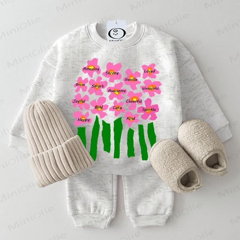Baby Positive Words Floral Print Light Grey Sweatshirt 2-piece Set - Light Grey - 2-3T - image 1