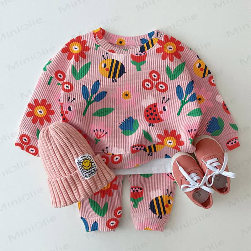 Baby Flower Bee Print Pink Waffle 2-piece Set - Pink - 2-3T - image 1