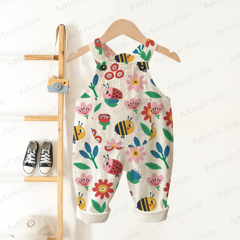 Baby Toddler Bee and Flower Print Pocket Overalls - Beige - 3-5T - image 1