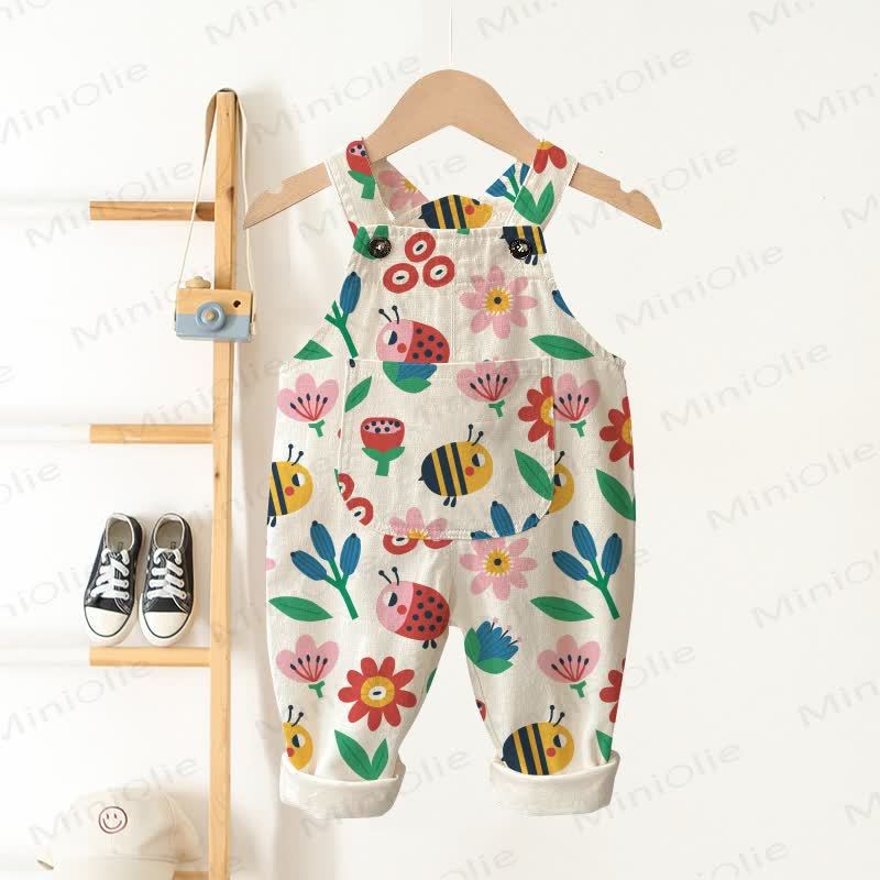 Baby Toddler Bee and Flower Print Pocket Overalls - Beige - 3-5T - image 1