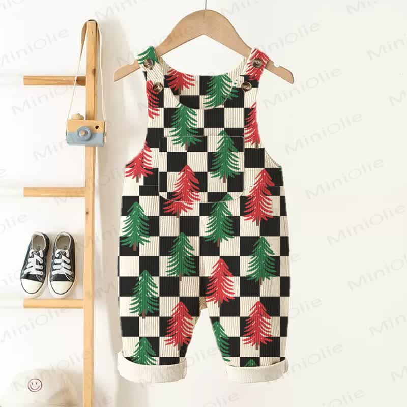Baby Toddler Tree Black Checkered Pattern Corduroy Overalls - Beige - 3-5T - image 1