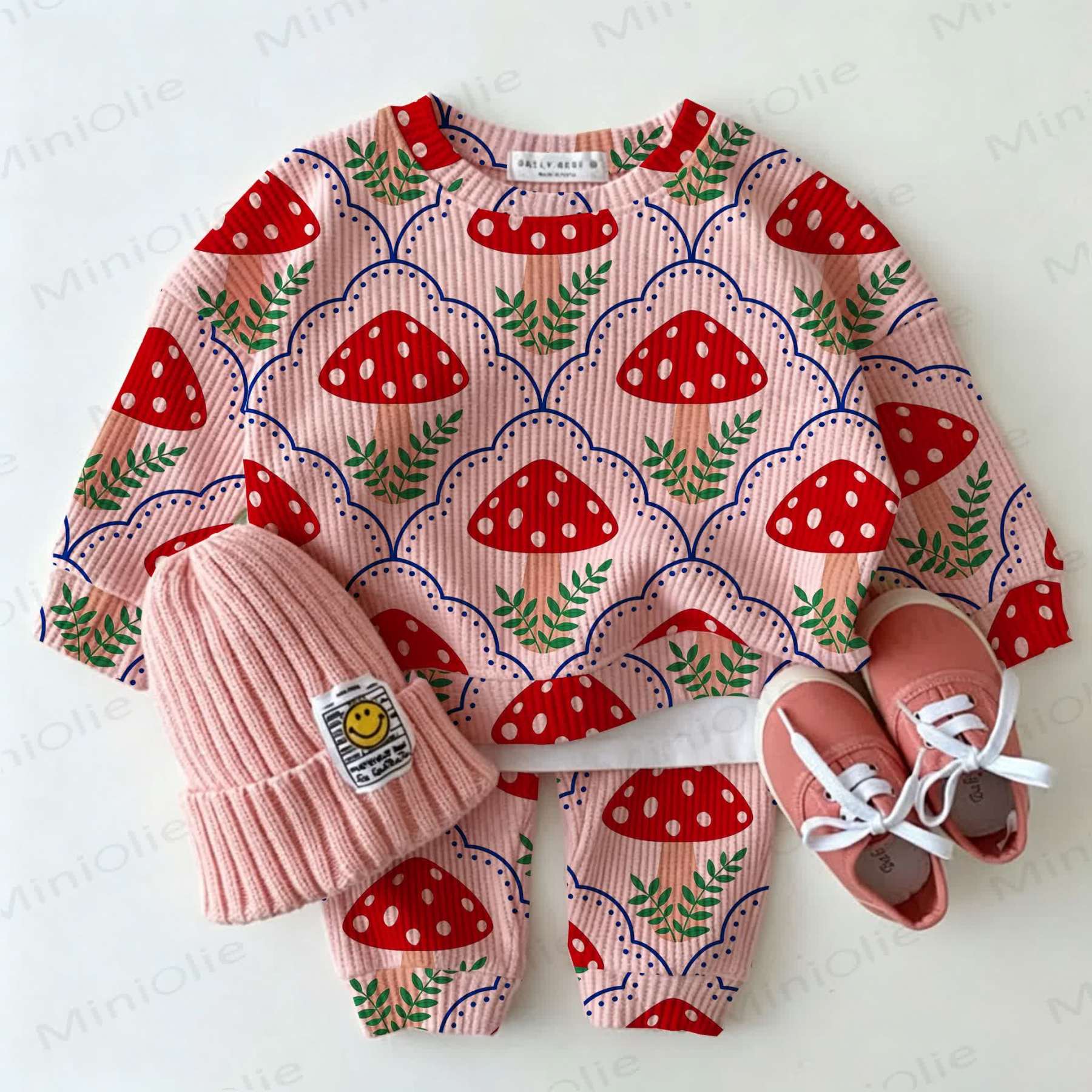 Woof Baby Mushroom Checkered Pink Waffle 2-piece Set - Pink - 2-3T - image 1