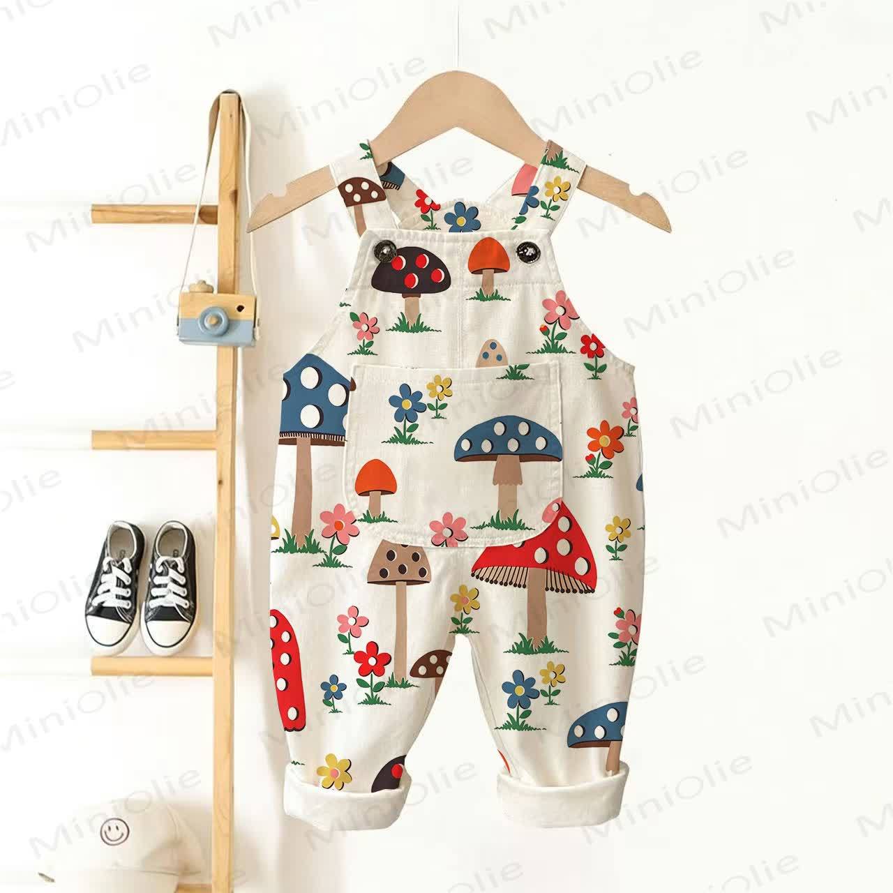 Baby Toddler Mushroom and Flower Print Pocket Overalls - Beige - 3-5T - image 1