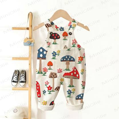 Baby Toddler Mushroom and Flower Print Pocket Overalls - Beige - 3-5T - image 1