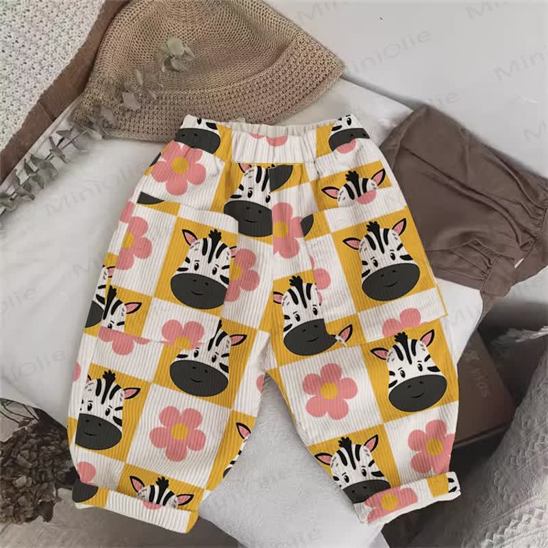 Baby Toddler Checkerboard Zebra and Floral Beige Corduroy Pants - Beige - 3-5T - image 1