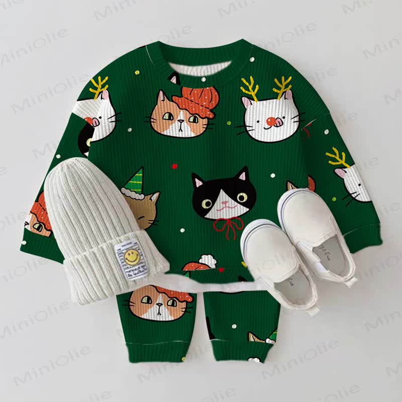 Baby Christmas Cat Green Waffle 2-piece Set - Green - 2-3T - image 1