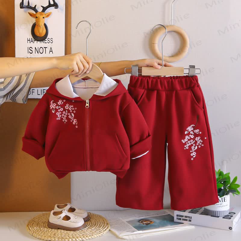 Toddler Floral Embroidered Fleece Hoodie and Pants 2-piece Set - Red - 4-5T - image 2