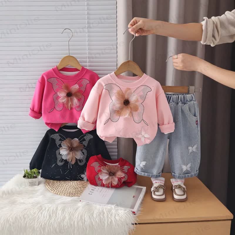 Toddler Girl Butterfly Flower Sweatshirt and Jeans 2-piece Set - image 1