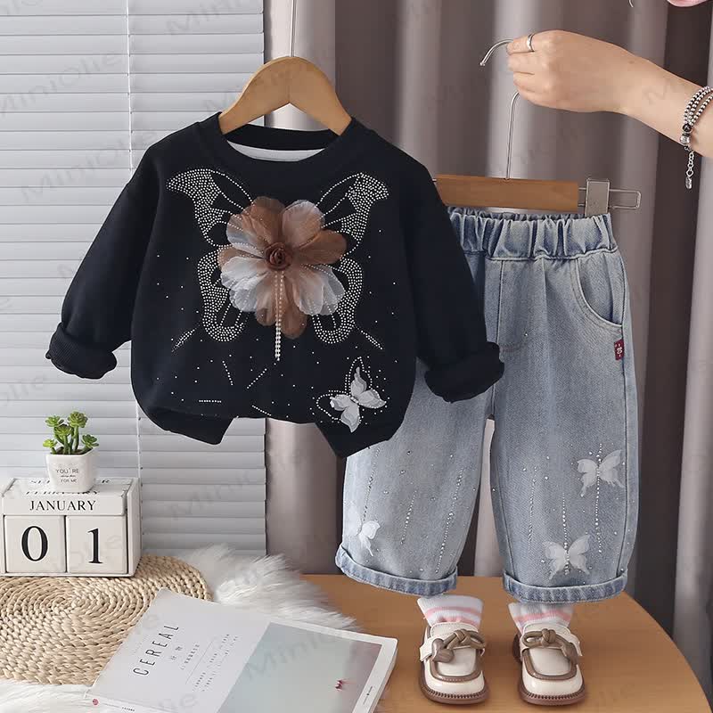 Toddler Girl Butterfly Flower Sweatshirt and Jeans 2-piece Set - Black - 4-5T - image 5